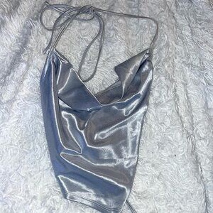 Cowl neck metallic silver crop top